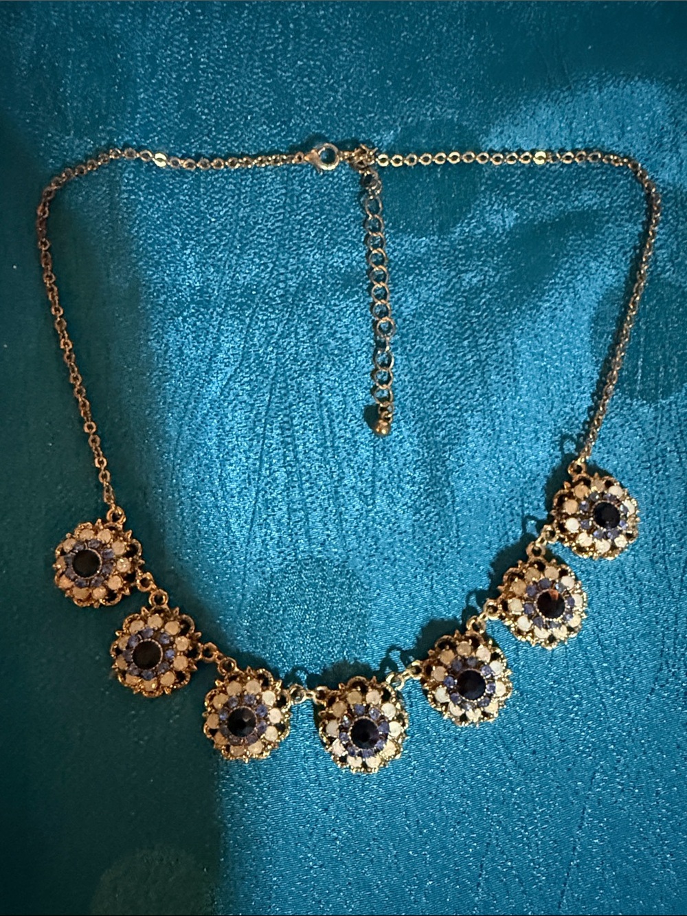 Gold-Tone Necklace with Navy Blue Crystal Floral Drops